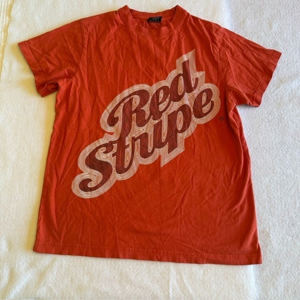 Red Stripe Graphic T Shirt Mens Size M Burnt Orange 1928 Short Sleeve Retro